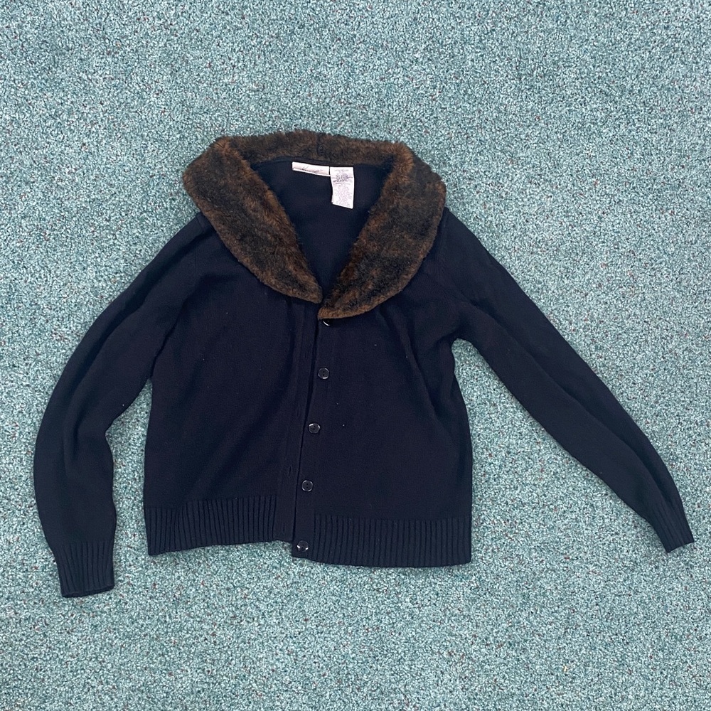 Kathie Lee Collection Black Cardigan with Faux Fur Collar
